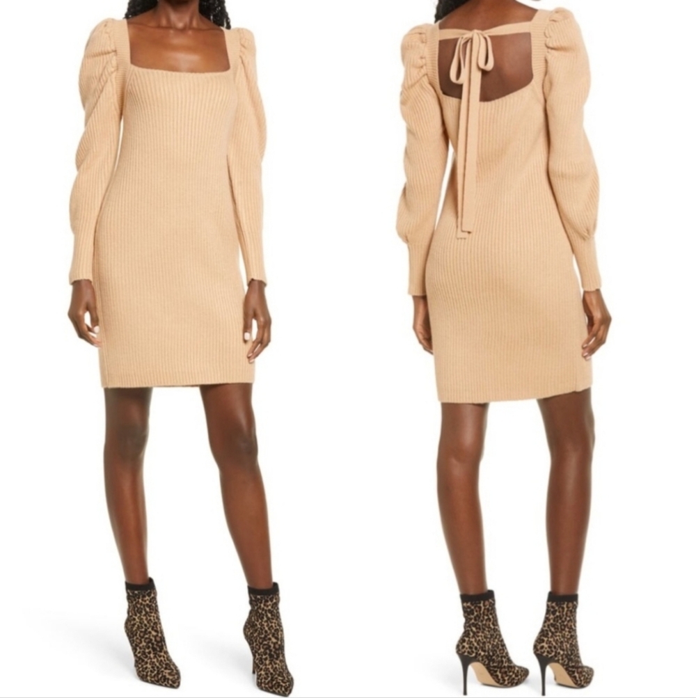 WAYF Leland Camel Long Puff Sleeve Bodycon Mini Ribbed Sweater Dress Size Medium